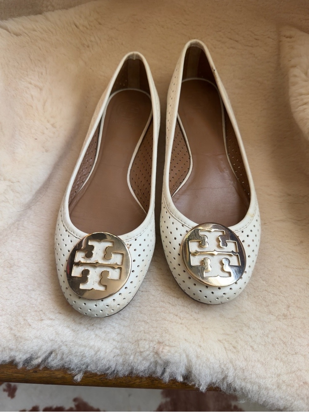 Tory Burch Cream Perforated Logo Ballet Flats with Gold Medallions Size 9